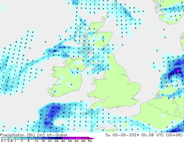 Precipitazione (6h) UK-Global dom 05.05.2024 06 UTC