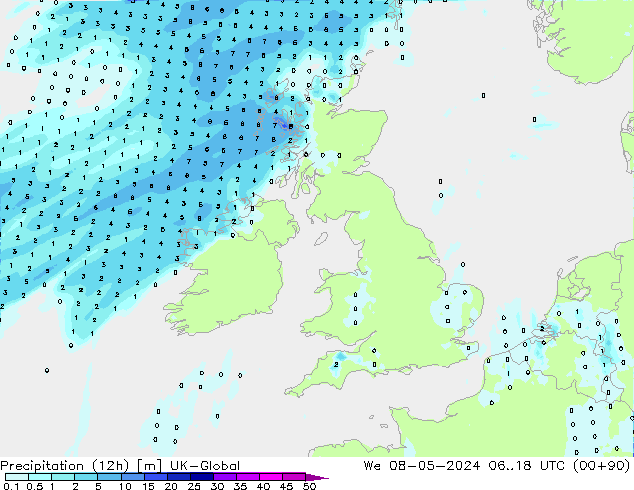 Précipitation (12h) UK-Global mer 08.05.2024 18 UTC