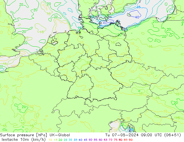 Isotachen (km/h) UK-Global Di 07.05.2024 09 UTC