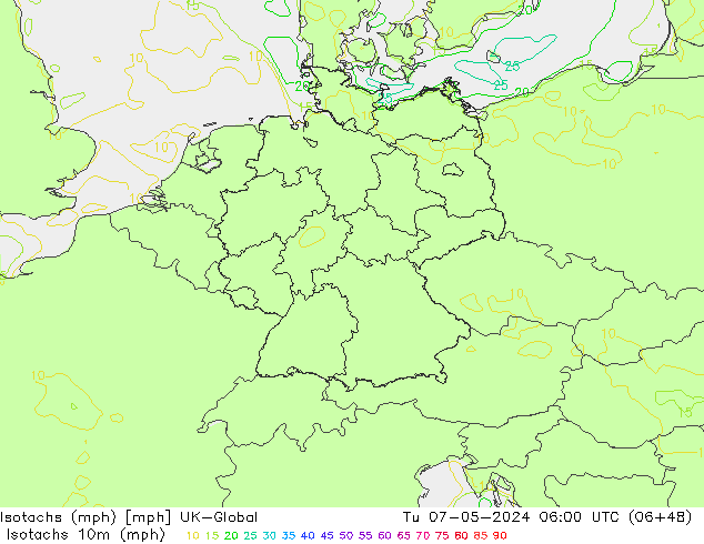 Isotachen (mph) UK-Global Di 07.05.2024 06 UTC
