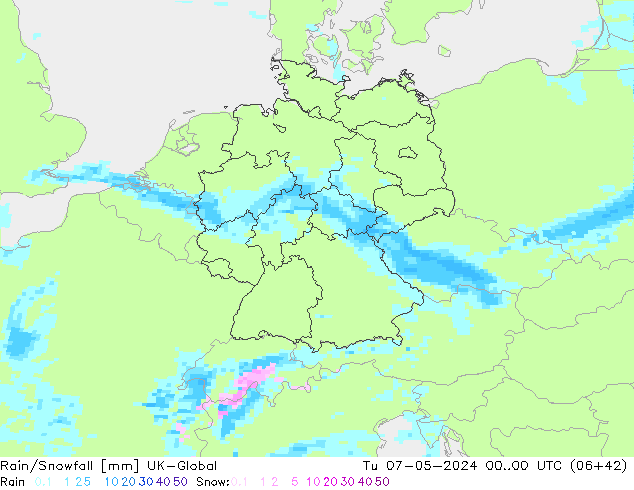 Regen/Schneefall UK-Global Di 07.05.2024 00 UTC