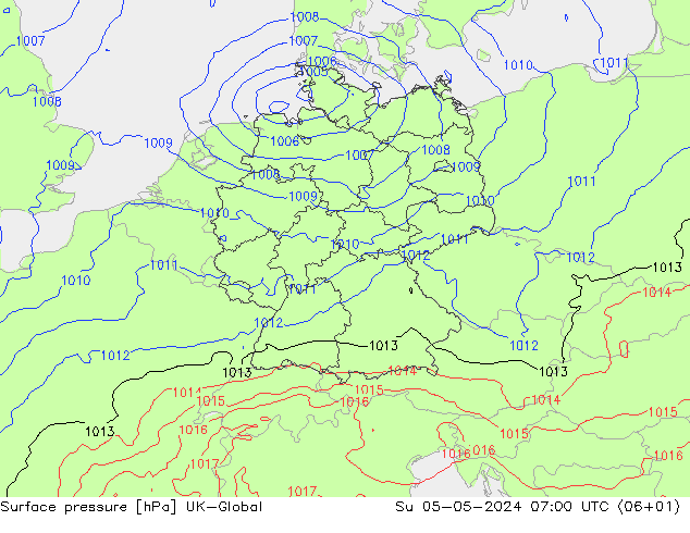 地面气压 UK-Global 星期日 05.05.2024 07 UTC
