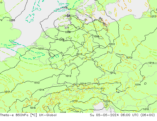Theta-e 850hPa UK-Global zo 05.05.2024 06 UTC