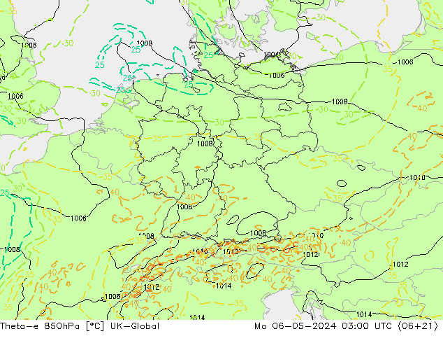 Theta-e 850hPa UK-Global ma 06.05.2024 03 UTC