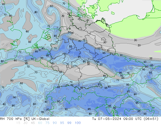 RH 700 hPa UK-Global Út 07.05.2024 09 UTC