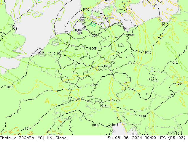 Theta-e 700hPa UK-Global 星期日 05.05.2024 09 UTC