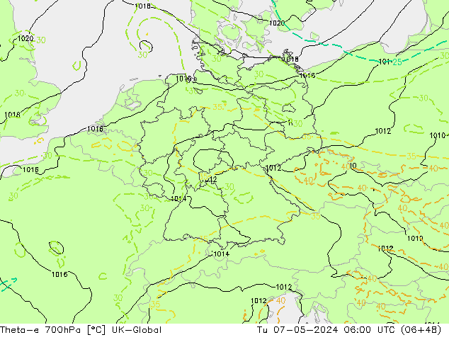 Theta-e 700hPa UK-Global Tu 07.05.2024 06 UTC