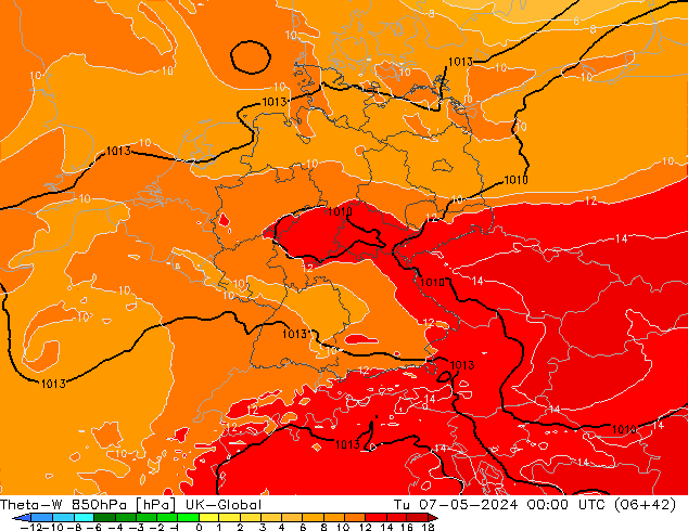 Theta-W 850hPa UK-Global Út 07.05.2024 00 UTC