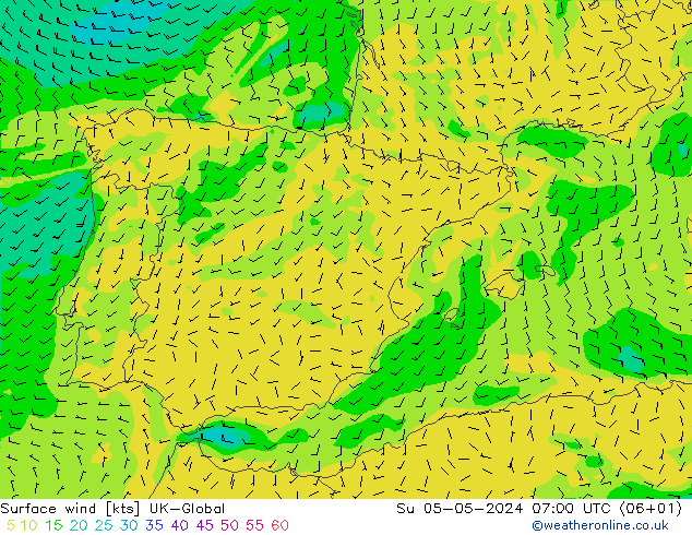 Surface wind UK-Global Ne 05.05.2024 07 UTC