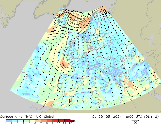 Surface wind (bft) UK-Global Su 05.05.2024 18 UTC