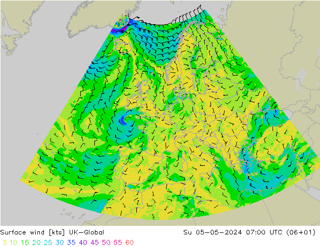 wiatr 10 m UK-Global nie. 05.05.2024 07 UTC