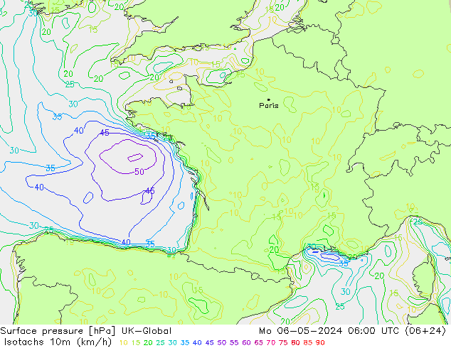 Isotachs (kph) UK-Global Mo 06.05.2024 06 UTC
