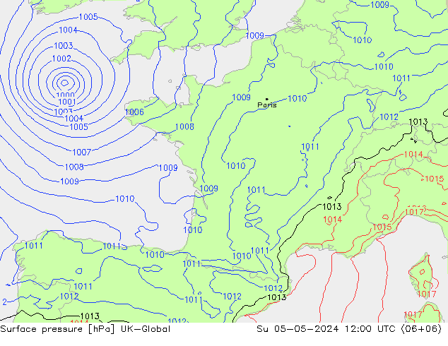 Pressione al suolo UK-Global dom 05.05.2024 12 UTC