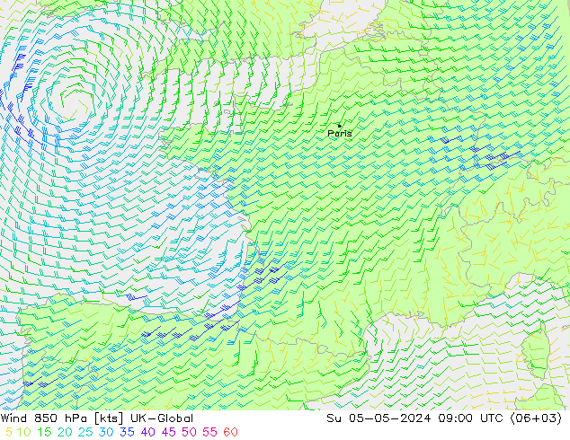 Wind 850 hPa UK-Global So 05.05.2024 09 UTC