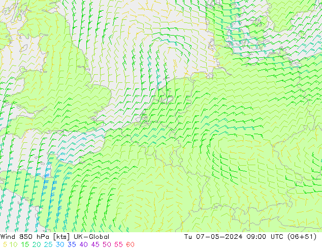 Wind 850 hPa UK-Global Út 07.05.2024 09 UTC