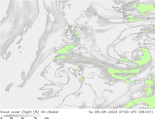 Cloud cover (high) UK-Global Su 05.05.2024 07 UTC