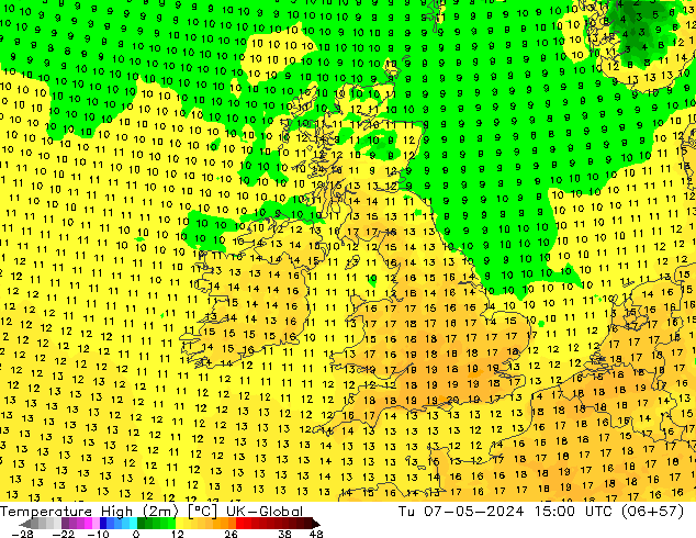 Max. Temperatura (2m) UK-Global wto. 07.05.2024 15 UTC