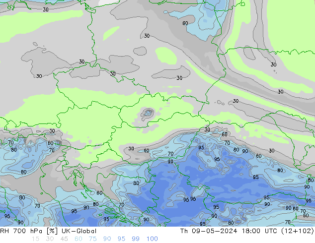 RH 700 гПа UK-Global чт 09.05.2024 18 UTC