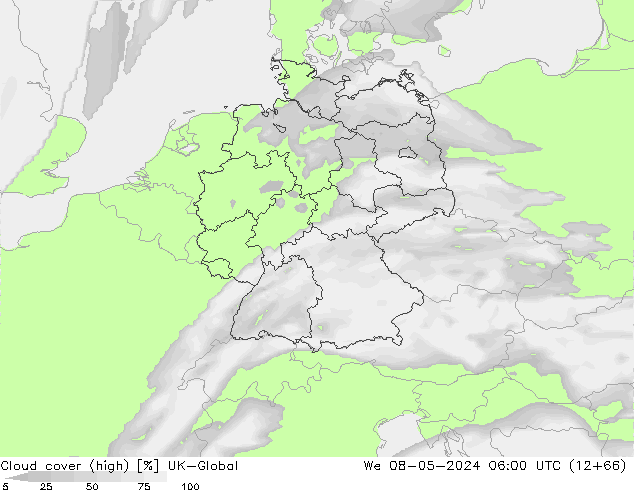 Cloud cover (high) UK-Global We 08.05.2024 06 UTC