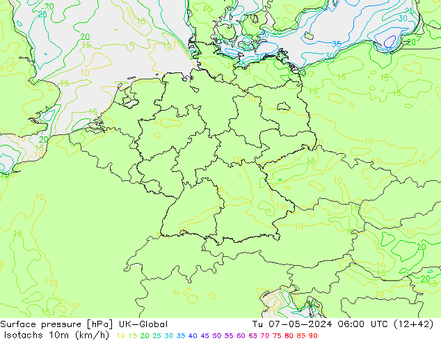 Isotachs (kph) UK-Global Tu 07.05.2024 06 UTC