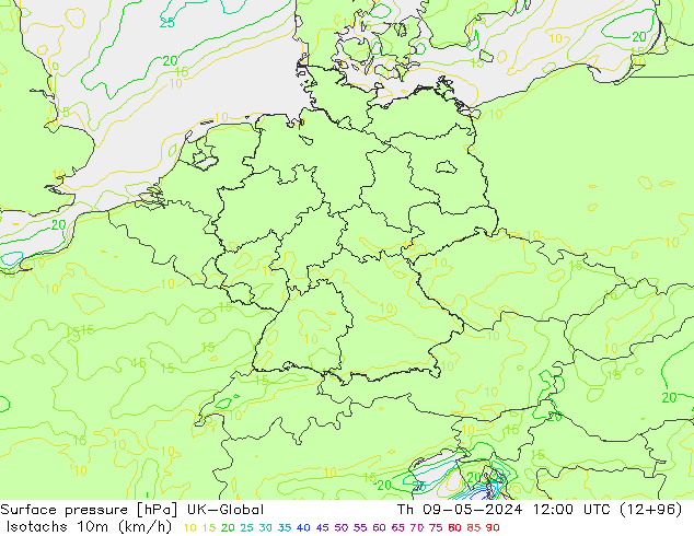 Isotachs (kph) UK-Global Th 09.05.2024 12 UTC