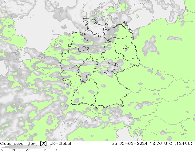 Cloud cover (low) UK-Global Su 05.05.2024 18 UTC