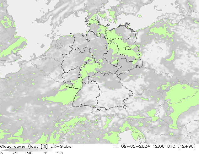 Cloud cover (low) UK-Global Th 09.05.2024 12 UTC