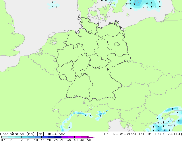 Totale neerslag (6h) UK-Global vr 10.05.2024 06 UTC