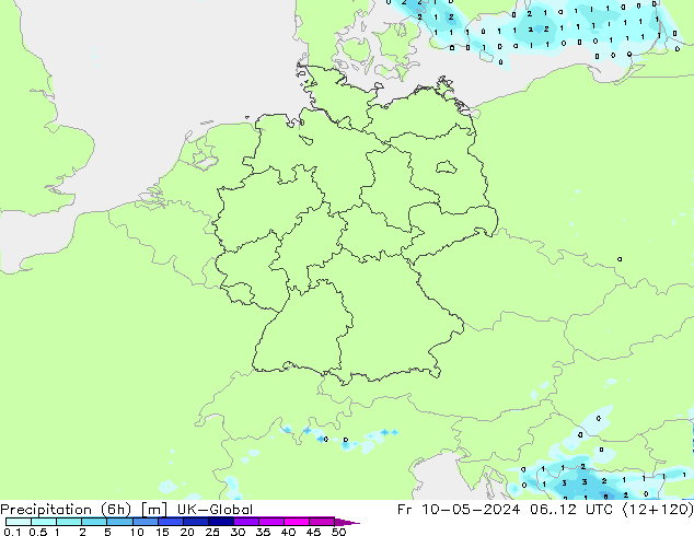 Precipitation (6h) UK-Global Fr 10.05.2024 12 UTC