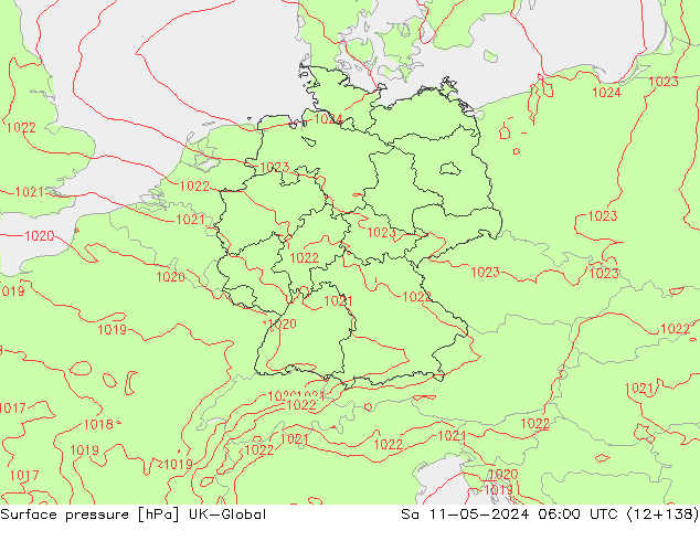 Pressione al suolo UK-Global sab 11.05.2024 06 UTC