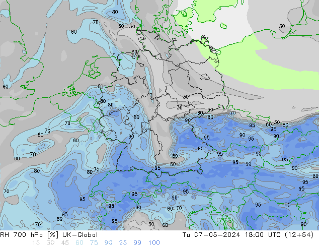 RH 700 гПа UK-Global вт 07.05.2024 18 UTC