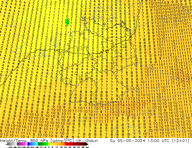 Hoogte/Temp. 850 hPa UK-Global zo 05.05.2024 13 UTC