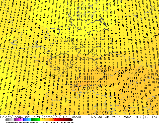 Height/Temp. 850 hPa UK-Global Mo 06.05.2024 06 UTC