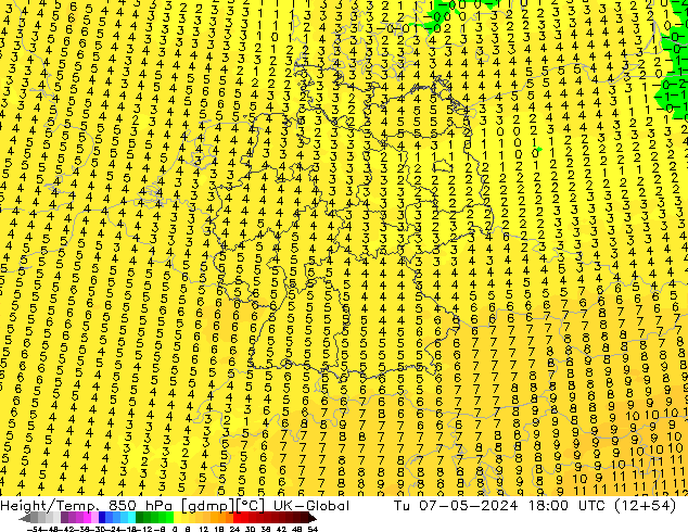 Geop./Temp. 850 hPa UK-Global mar 07.05.2024 18 UTC