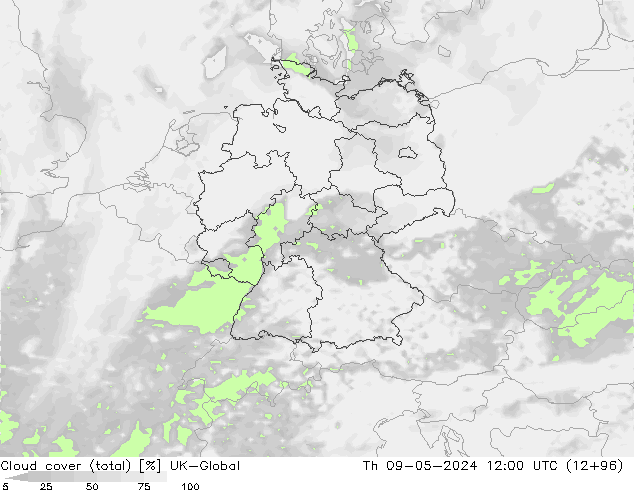 Cloud cover (total) UK-Global Čt 09.05.2024 12 UTC