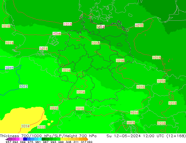 Thck 700-1000 hPa UK-Global dim 12.05.2024 12 UTC