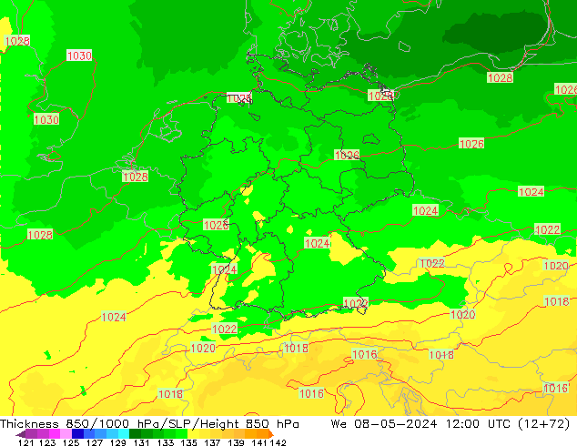 Thck 850-1000 hPa UK-Global We 08.05.2024 12 UTC
