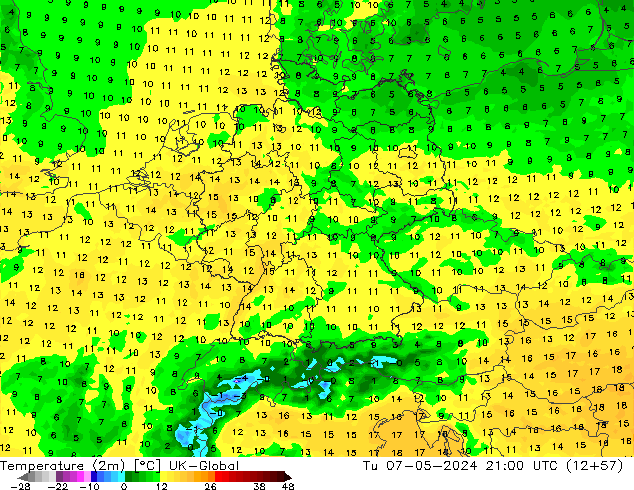 mapa temperatury (2m) UK-Global wto. 07.05.2024 21 UTC