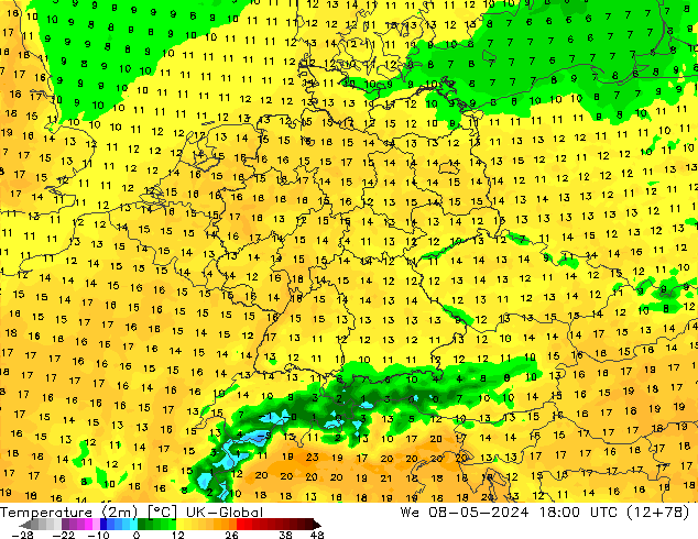 Temperature (2m) UK-Global We 08.05.2024 18 UTC