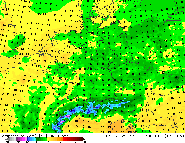 mapa temperatury (2m) UK-Global pt. 10.05.2024 00 UTC