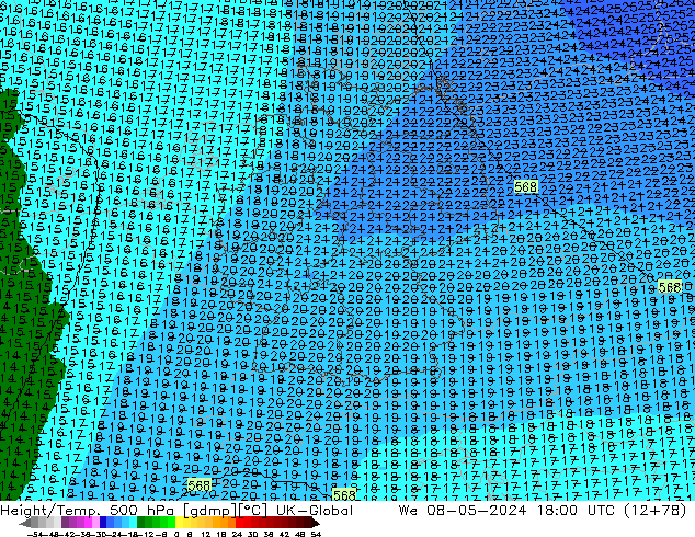 Height/Temp. 500 hPa UK-Global We 08.05.2024 18 UTC