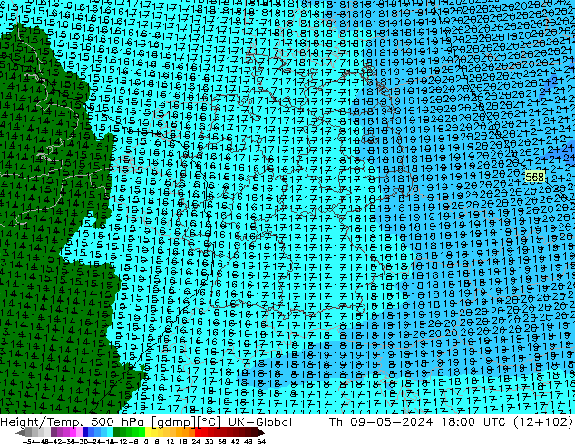 Height/Temp. 500 hPa UK-Global gio 09.05.2024 18 UTC