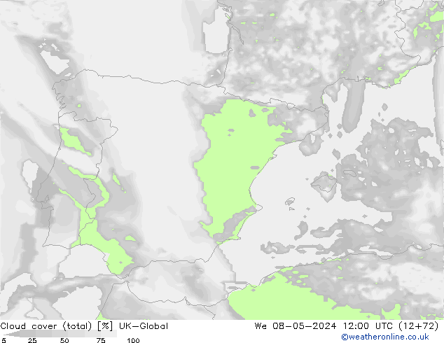 Cloud cover (total) UK-Global We 08.05.2024 12 UTC