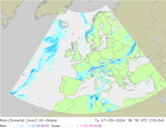 Rain/Snowfall UK-Global Tu 07.05.2024 18 UTC