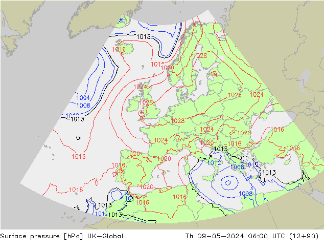 Surface pressure UK-Global Th 09.05.2024 06 UTC