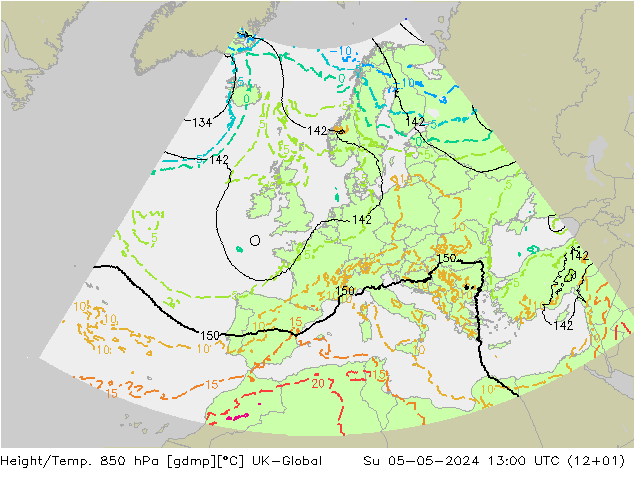 Yükseklik/Sıc. 850 hPa UK-Global Paz 05.05.2024 13 UTC