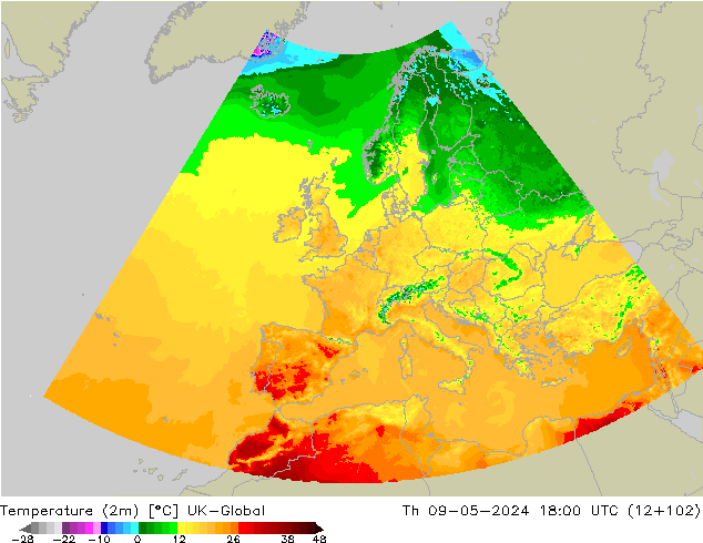 Temperatura (2m) UK-Global gio 09.05.2024 18 UTC