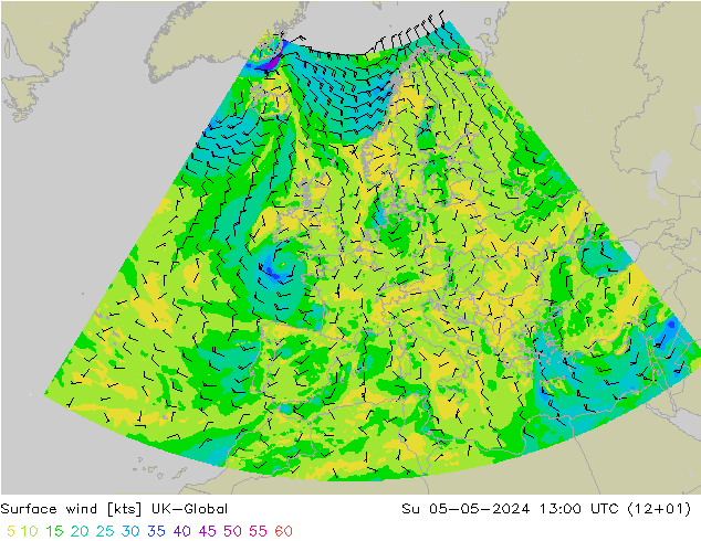 Surface wind UK-Global Su 05.05.2024 13 UTC