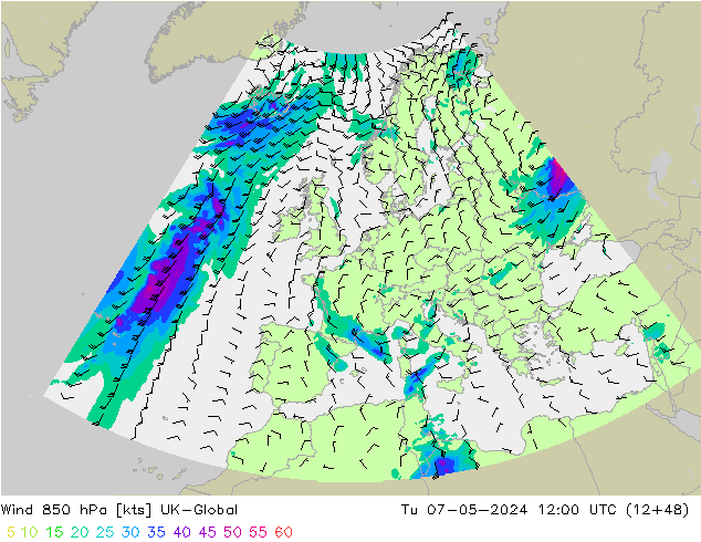 Wind 850 hPa UK-Global Út 07.05.2024 12 UTC
