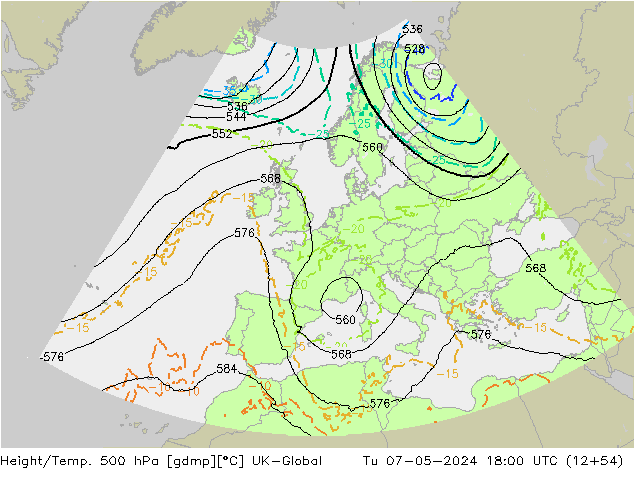 Height/Temp. 500 hPa UK-Global Tu 07.05.2024 18 UTC